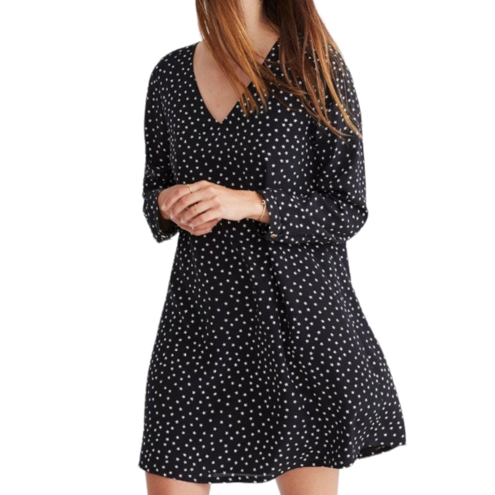 MADEWELL Silk Star Scatter Print Button Back Long Sleeve V Neck Black Dress XS